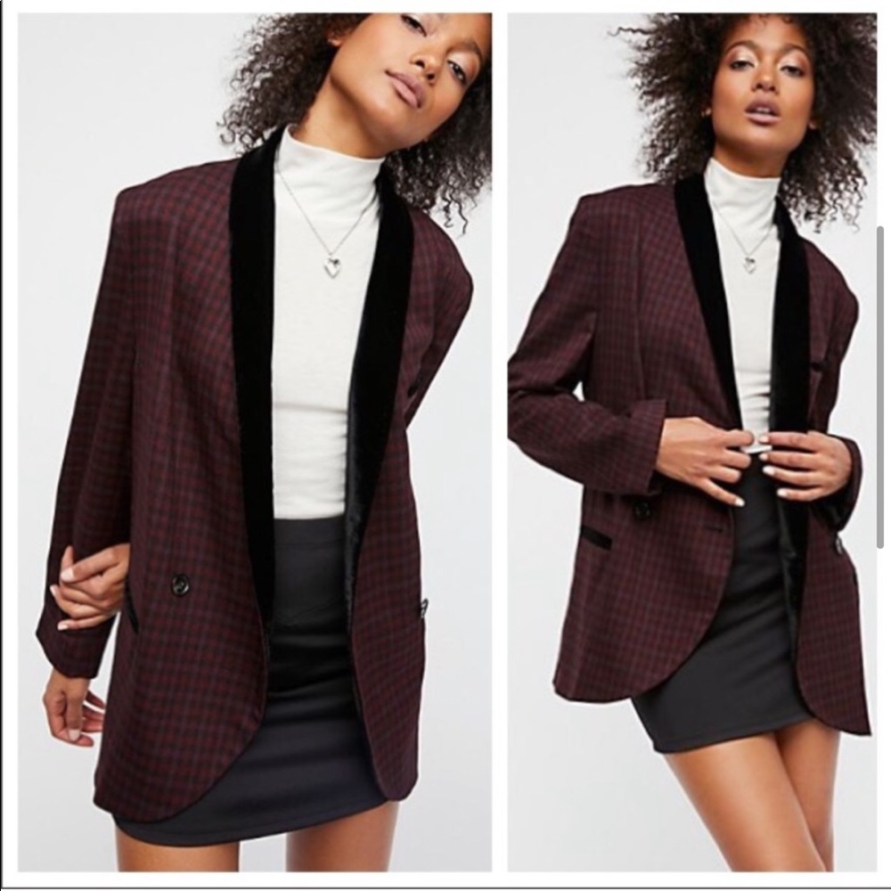Free People Plaid Garnet Blazer Velvet Trim